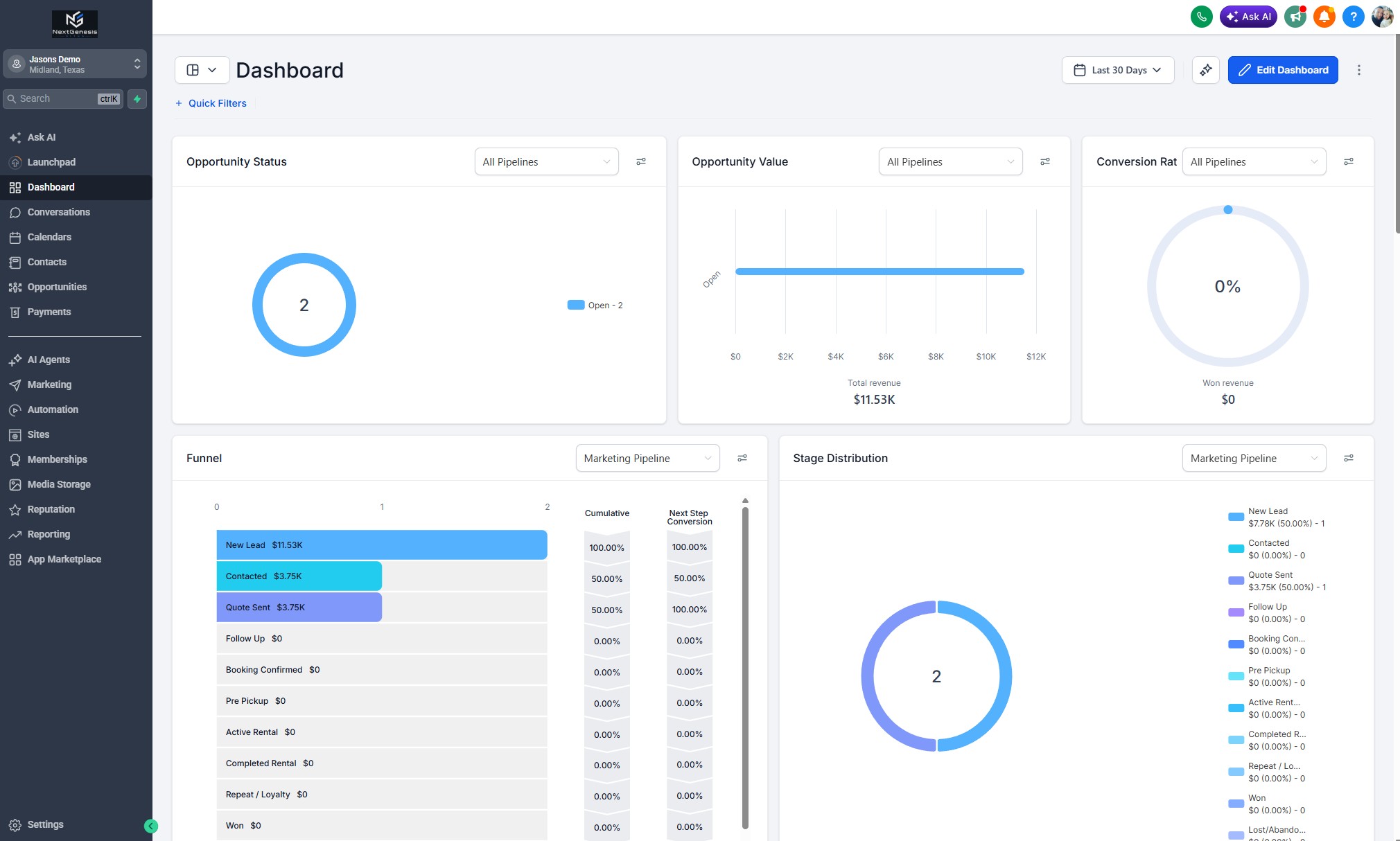 Next Genesis branded dashboard with lead and business activity panels
