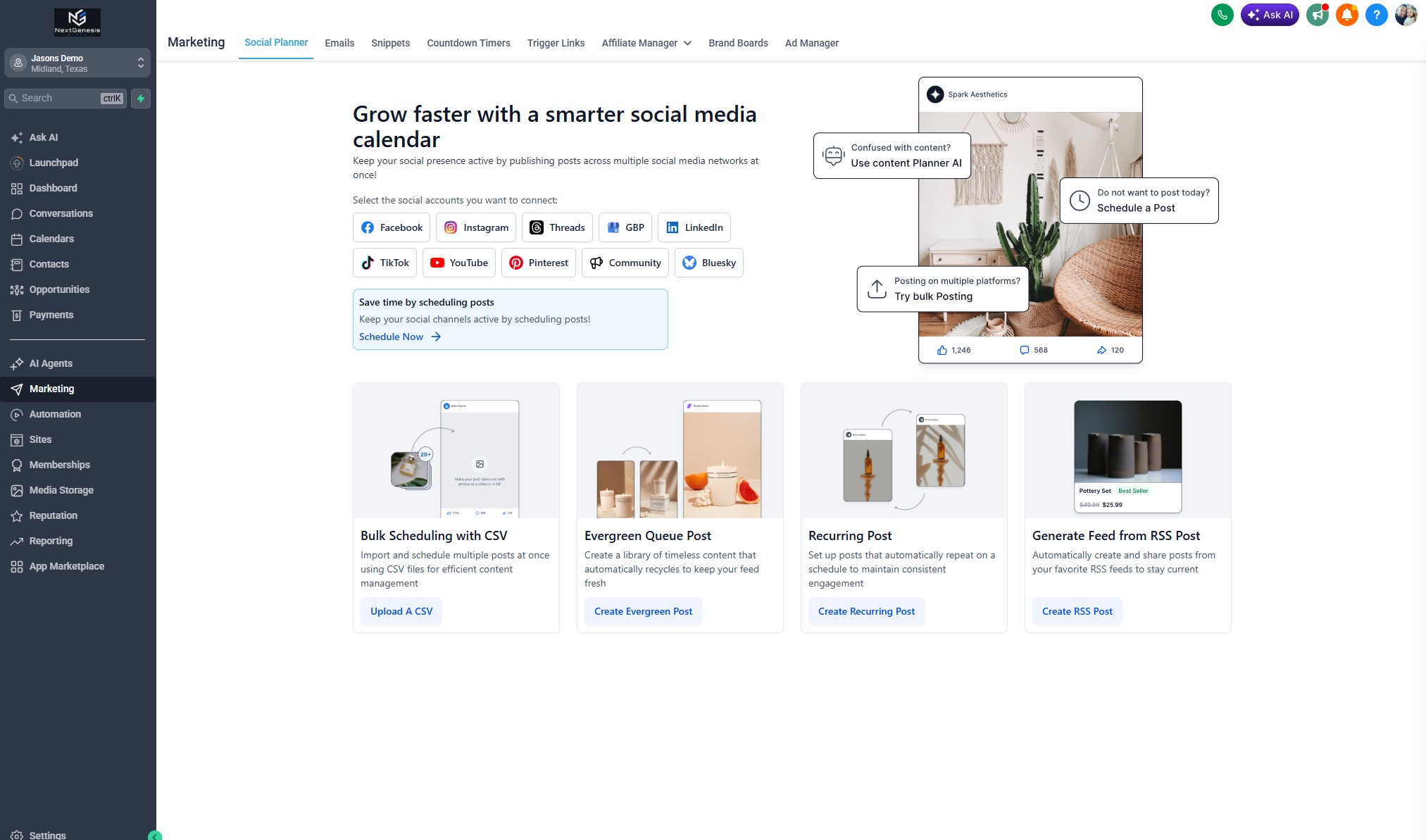 Next Genesis branded social planner and follow-up content dashboard