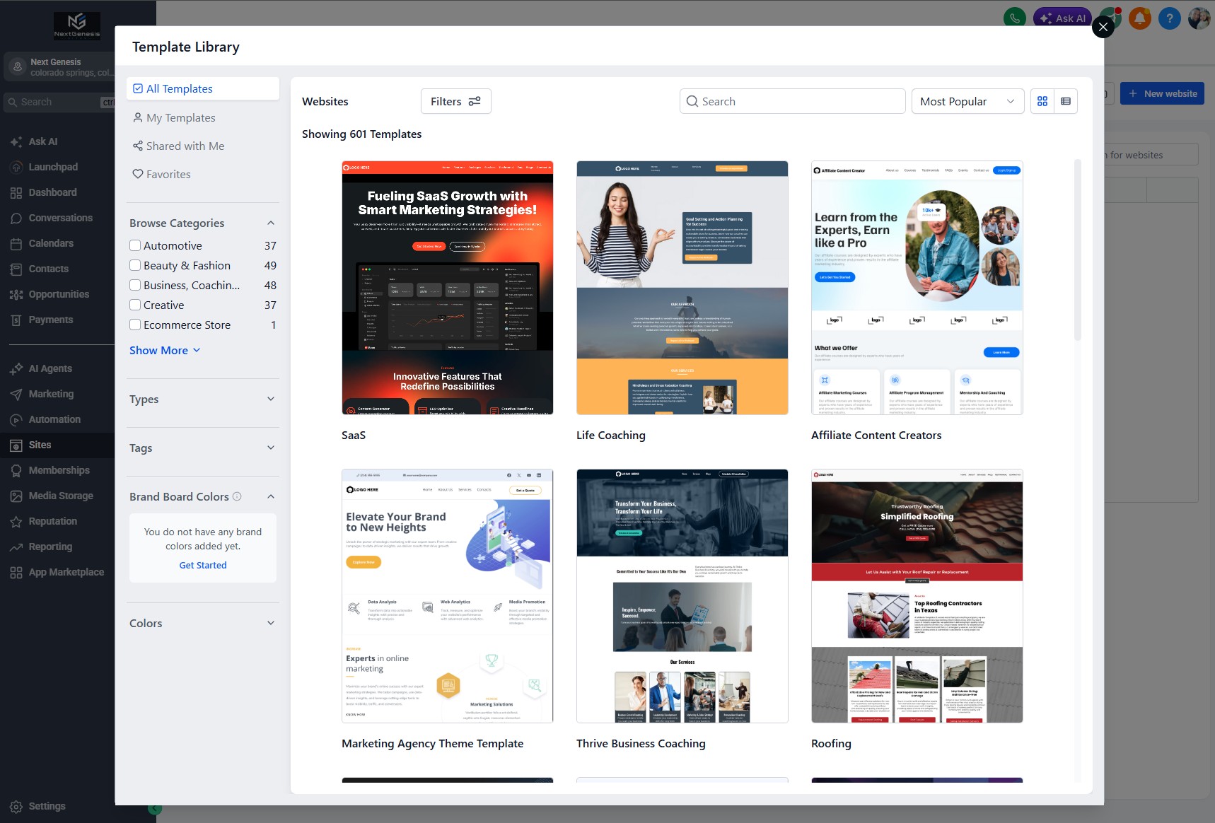 Next Genesis branded website template builder inside the CRM platform