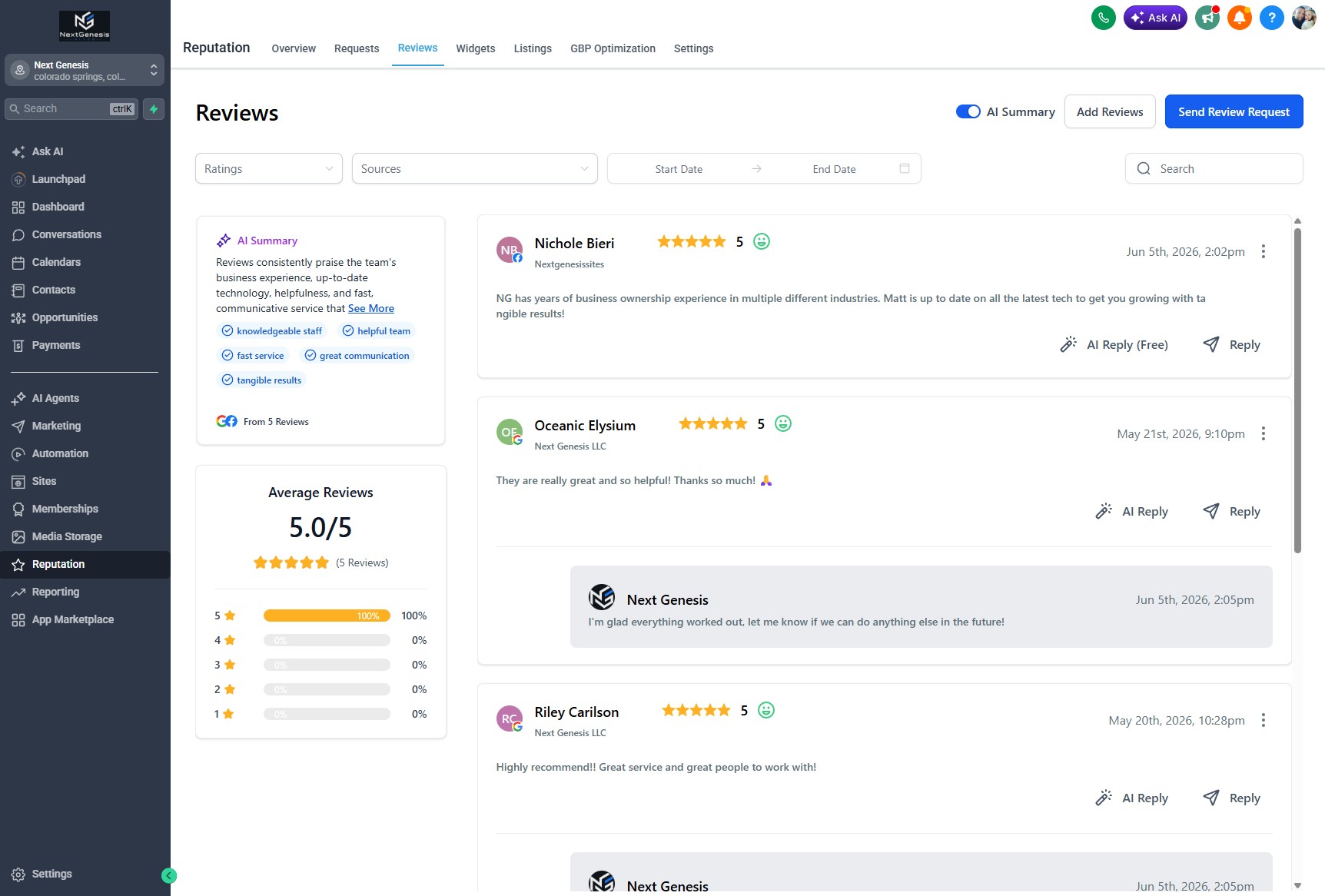 Reputation dashboard with review requests and ratings